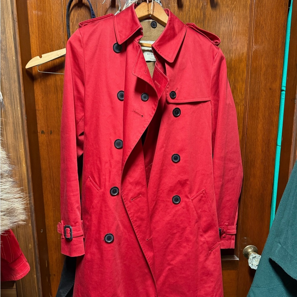 Burberry red belted trench coat